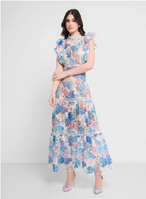 Floral Print Schiffli Blue Dress