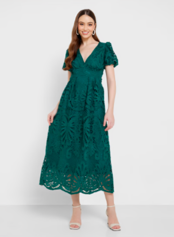 Puff Sleeve Lace Green Dress