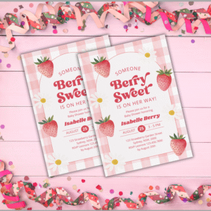 Editable Canva Strawberry invitation template