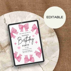 Editable Canva Template Pink Cute Girly & Kids or Teen Birthday Invitation