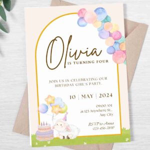Colorful Sheep and Balloon Watercolor Illustration Birthday Party Invitation 2 3 11zon