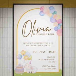 Editable Printable Cute Watercolor Sheep & Balloon Birthday Invitation, Pastel Kids Birthday Template