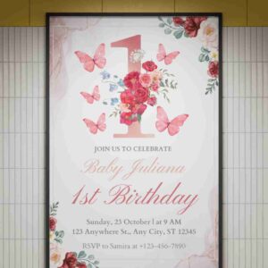Editable Printable Pink Butterfly Garden Theme Floral 1st Birthday Invitation, Elegant Baby Girl Party Invite