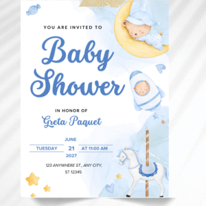 Editable Canva  Cute Bear & Carousel Blue Baby Shower Invitation Template
