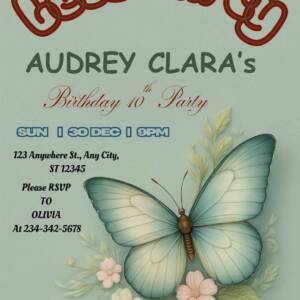 Butterfly Birthday Invitation | Editable Girl’s Birthday Party Invite | Floral Blue Butterfly Digital Template | Kids Birthday Printable