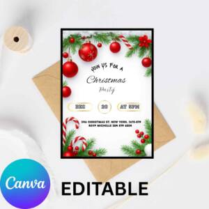 Christmas Party Invitation Template | Red Ornaments & Candy Cane Holiday Invite | Editable Christmas Event Invite | Instant Digital Download