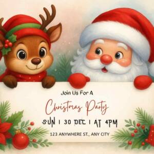 Cute Santa and Reindeer Christmas Party Invitation Template | Printable Holiday Invite | Editable Christmas Card